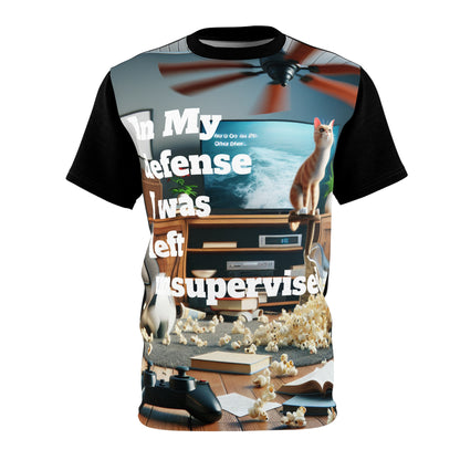 Luxurious Unsupervised Chaos Tee featuring a whimsical illustration of a playful cat in a living room, designed by Dazzling Dreams Studio.