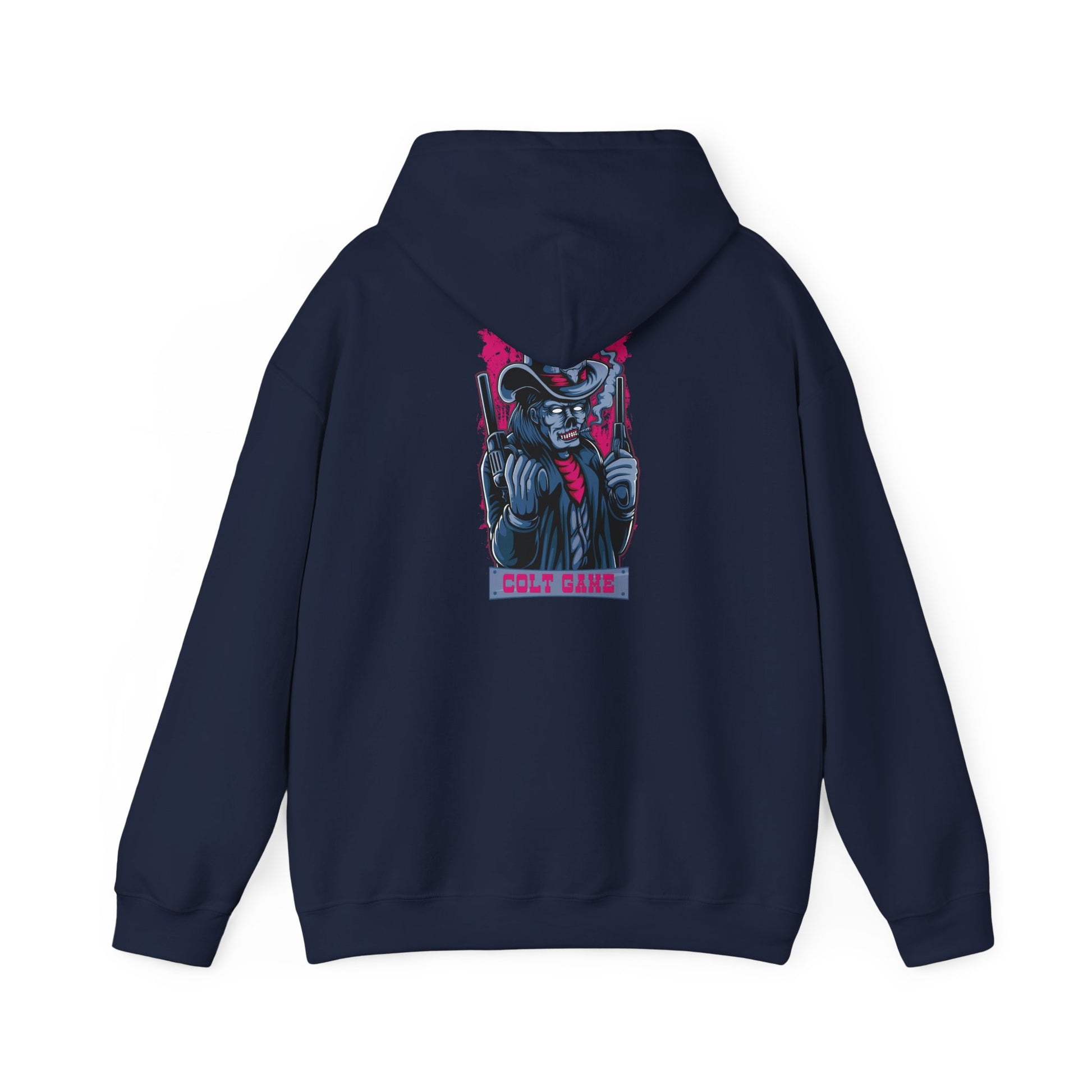 Sophisticated back view of a navy hoodie featuring a striking cowboy-themed design with vibrant colours, perfect for adding a touch of luxury to everyday attire.