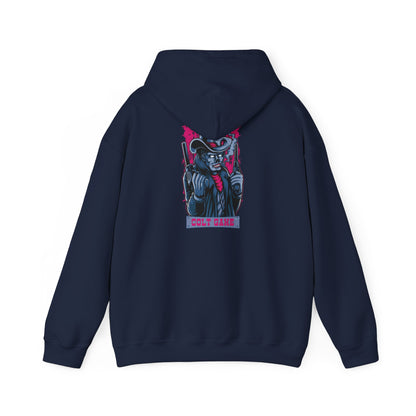 Sophisticated back view of a navy hoodie featuring a striking cowboy-themed design with vibrant colours, perfect for adding a touch of luxury to everyday attire.