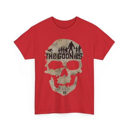 Stylish The Goonies Graphic T-Shirt with a captivating skull design layered over a map, offering a timeless look for modern fans.
