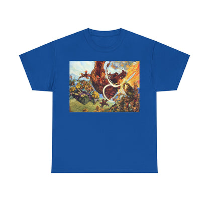 Discworld Guards! Guards! Graphic Unisex T Shirt Tee in vibrant blue featuring an intricate illustration capturing the whimsical chaos of Terry Pratchett's Discworld.