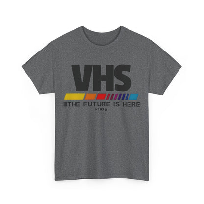 Front view of the VHS Retro Logo Graphic Tee for Unisex in dark grey, featuring the iconic VHS logo and vibrant colours, blending nostalgia with luxury fashion.