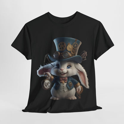 Steampunk Alice in Wonderland White Rabbit Graphic T-Shirt Urban Unisex Cotton T featuring a charming rabbit in a top hat with clockwork designs, perfect for adding luxury to a casual wardrobe.