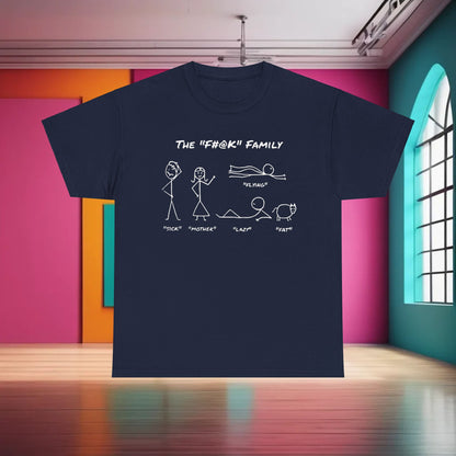 Luxury black cotton graphic t-shirt featuring minimalist stick figures titled "The F#@k Family", ideal for casual wear.
