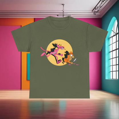 Chic Pink Panther Graphic T-Shirt displaying a vibrant scene with the Pink Panther and a charming detective, ideal for stylish unisex attire.