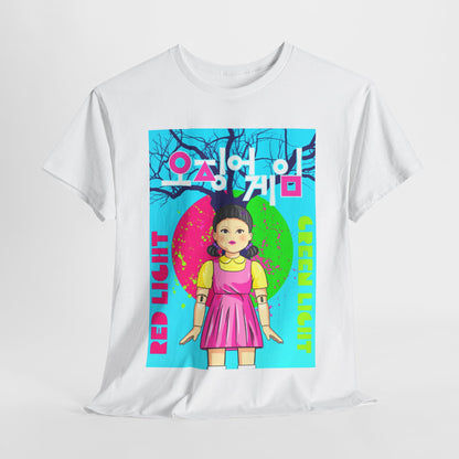 Squid Game Unisex Men's Women's Graphic Cotton Funny T-Shirt featuring a vibrant illustration of a girl in a pink dress with the text 'Red Light Green Light'. A stylish urban statement piece from Dazzling Dreams.