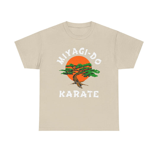 Elegant beige graphic t-shirt featuring the Miyagi-Do Karate emblem against a vibrant sunset background, showcasing a beautiful tree design.