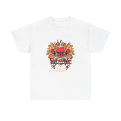 Dazzling Dreams 'Skull of Valor' T-Shirt in pristine white featuring a vibrant red skull design with golden-yellow wings and ornate baroque elements, inspiring the message 'Never Surrender', perfect for making a bold fashion statement.