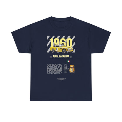 Aston Martin DB4 GT Zagato Men’s T-Shirt in navy, featuring a vibrant yellow graphic of the 1960 classic sports car, celebrating automotive elegance and performance.