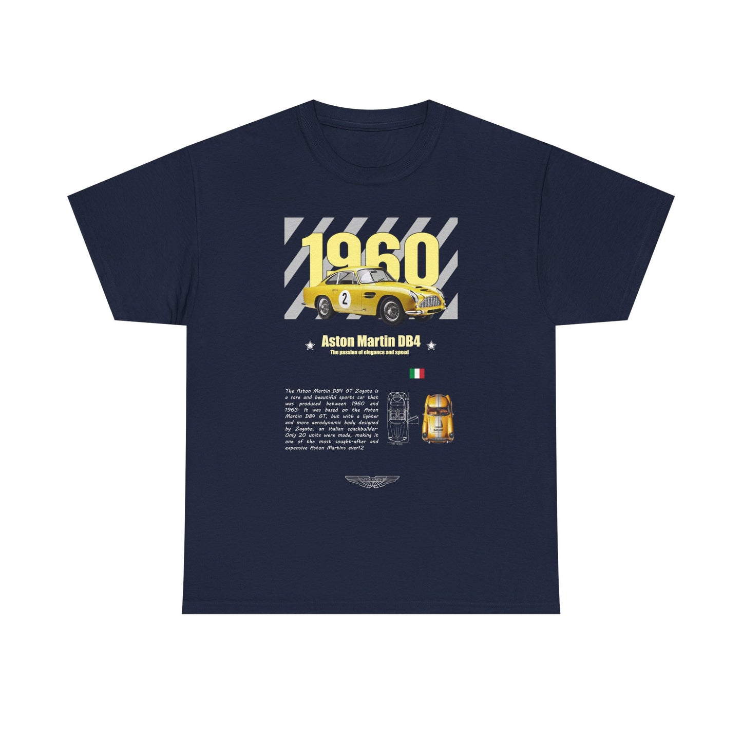 Aston Martin DB4 GT Zagato T-Shirt featuring a vibrant yellow car graphic, the year '1960', and the words 'Aston Martin DB4' elegantly displayed on a dark background, symbolising automotive luxury.