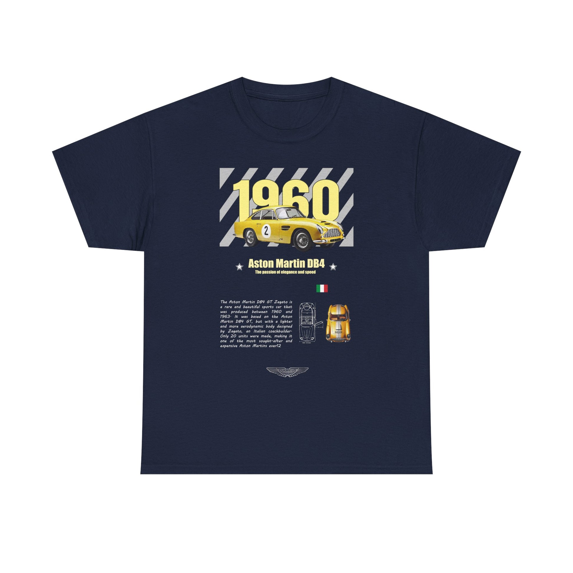 Aston Martin DB4 GT Zagato T-Shirt featuring a vibrant yellow car graphic, the year '1960', and the words 'Aston Martin DB4' elegantly displayed on a dark background, symbolising automotive luxury.