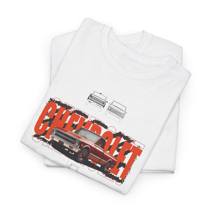 Luxury white t-shirt featuring a stunning graphic of the classic Chevrolet C-10 pickup truck with bold typography and outline sketches, showcasing vintage automotive design.