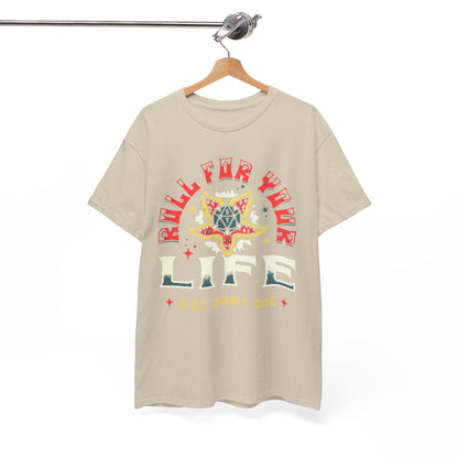 Elegant hanging graphic tee displaying 'ROLL FOR YOUR LIFE' text, adorned with a striking creature motif, perfect for fashionable urban wear.