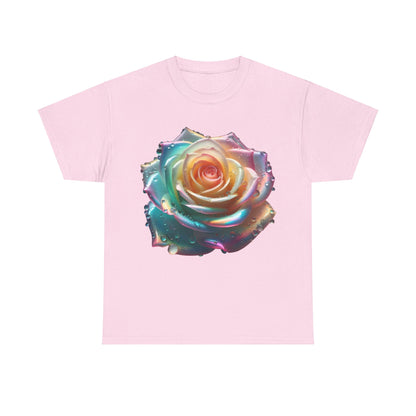 Ethereal Rose Unisex Cotton Tee featuring a vibrant, artistic floral design of a close-up rose with iridescent accents on a soft pink backdrop.