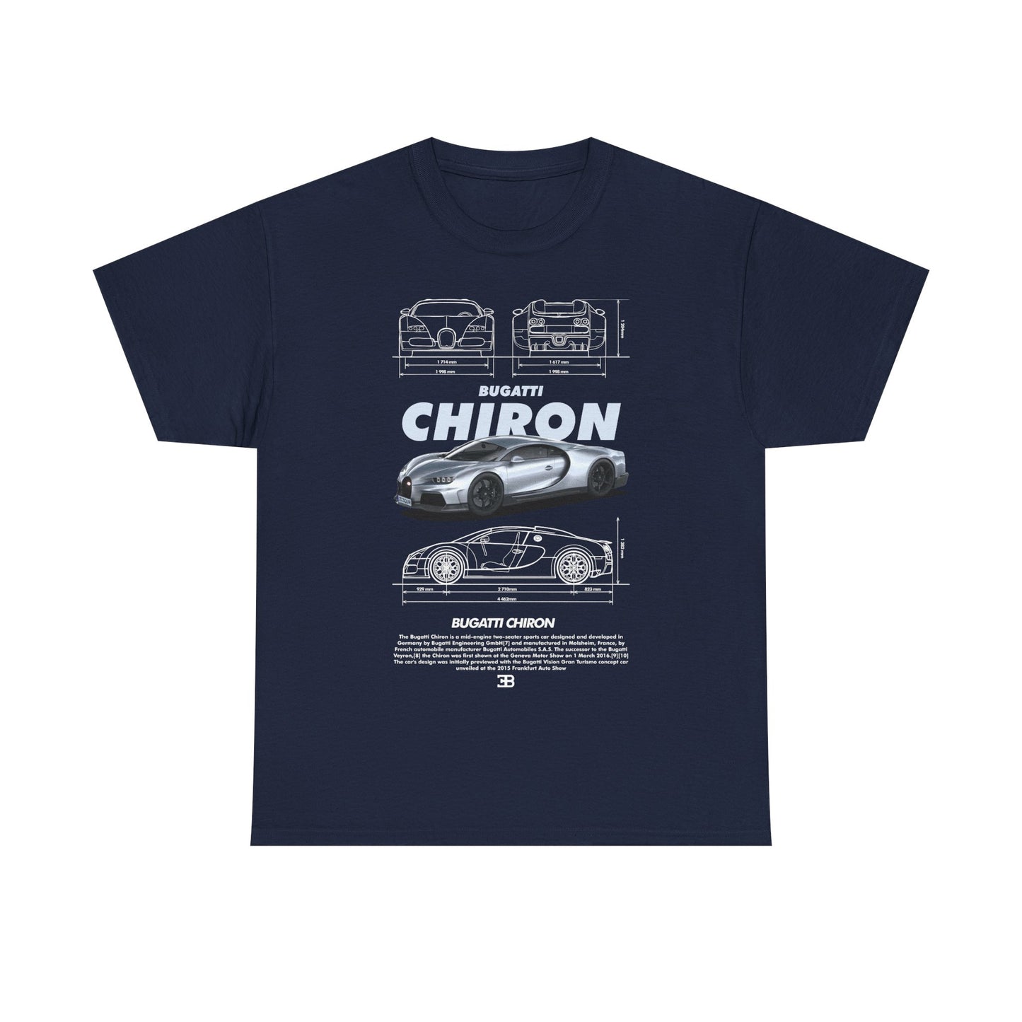 Luxury Bugatti Chiron graphic men's t-shirt featuring a sleek design and technical sketches, perfect for car enthusiasts.