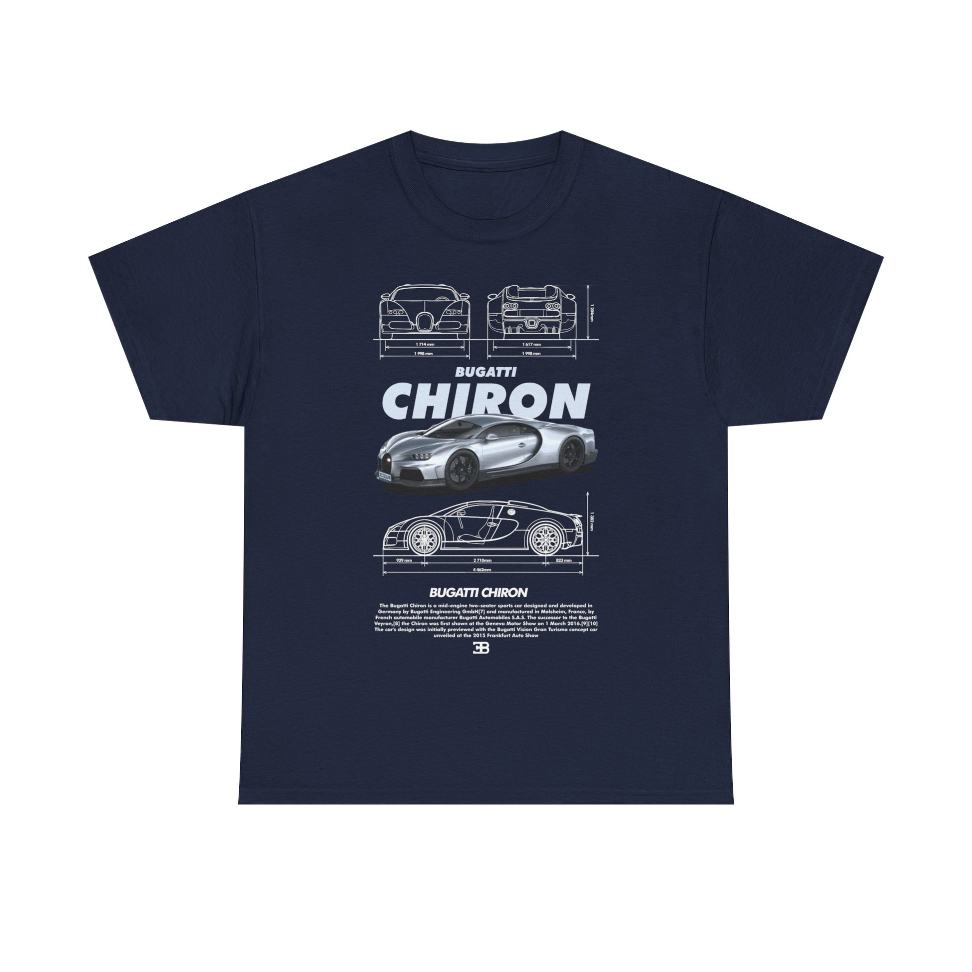Luxury Bugatti Chiron graphic men's t-shirt featuring a sleek design and technical sketches, perfect for car enthusiasts.