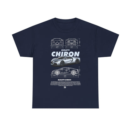 Luxury Bugatti Chiron graphic men's t-shirt featuring a sleek design and technical sketches, perfect for car enthusiasts.