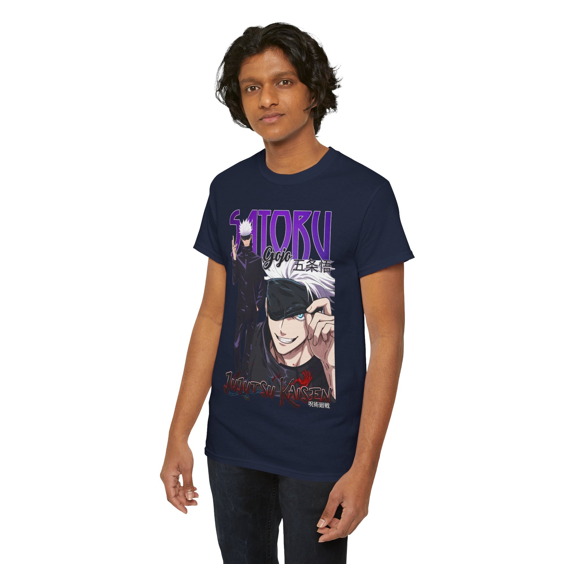Luxurious navy blue Gojo Satoru graphic T-shirt featuring intricate anime art from Jujutsu Kaisen, showcasing a captivating character design perfect for fans.