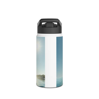 Fantasy Paddleboarding Stainless Steel Water Bottle showcasing a stunning coastal view with a serene atmosphere, perfect for paddleboarding enthusiasts.