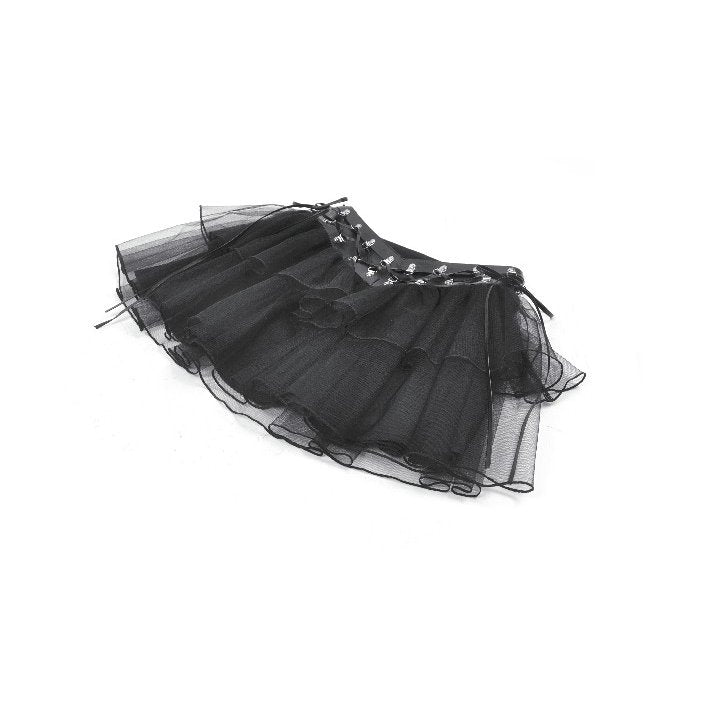 Detailed view of Dark in Love gothic mini skirt showcasing the tiered tulle design and ornate studded faux leather waistband with eyelet accents, perfect for a daring fashion statement.