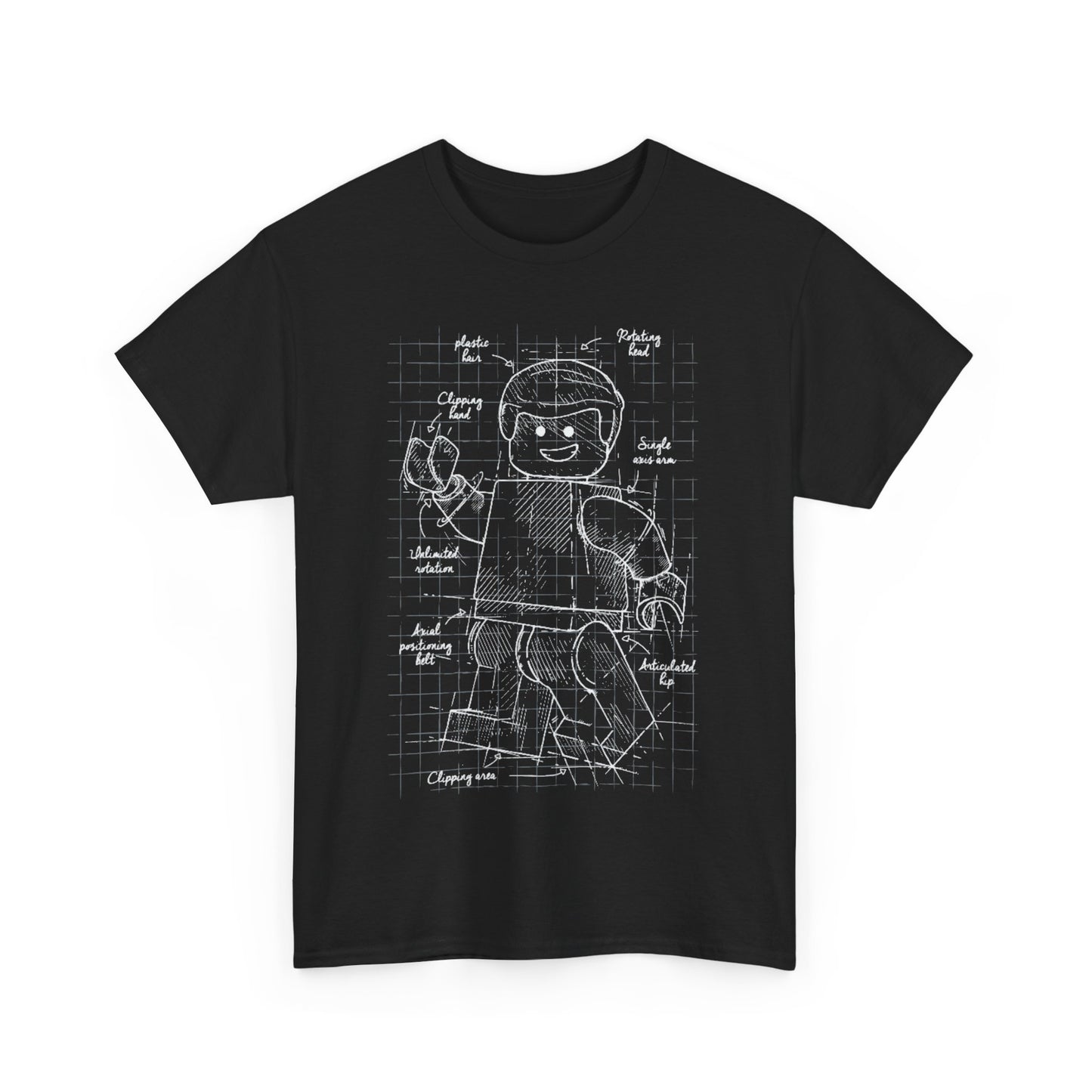 Stylish black men's t-shirt with a creative blueprint design of an articulated Lego figure on the front, highlighting artistic inspiration.
