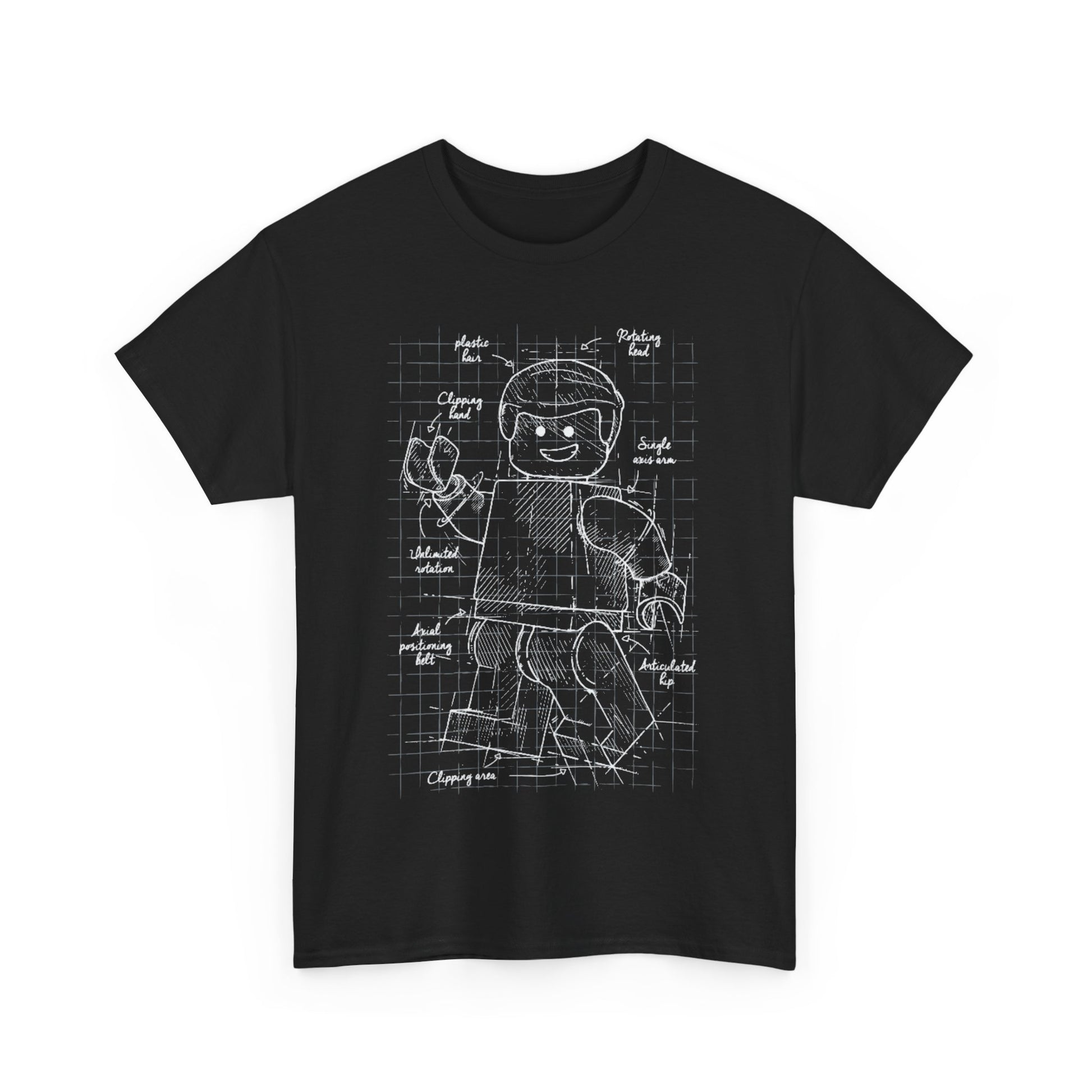 Stylish black men's t-shirt with a creative blueprint design of an articulated Lego figure on the front, highlighting artistic inspiration.