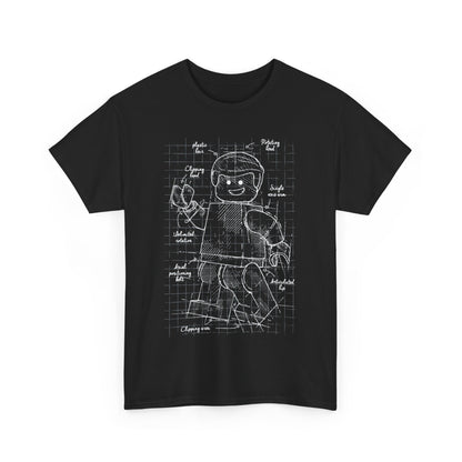 Stylish black men's t-shirt with a creative blueprint design of an articulated Lego figure on the front, highlighting artistic inspiration.