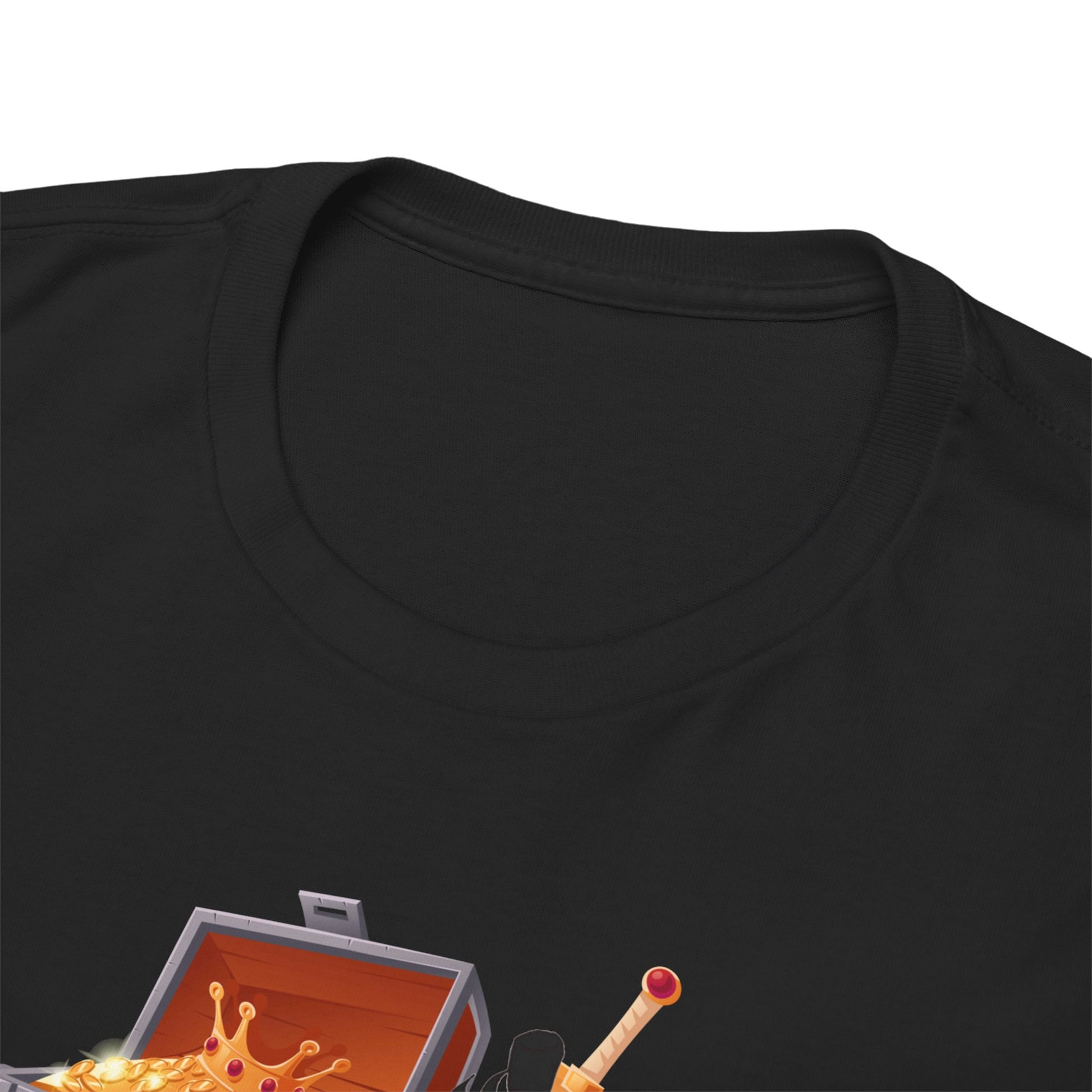Close-up view of the neckline of a premium black t-shirt, elegantly designed with an adventurous anime illustration, showcasing quality fabric and attention to detail.