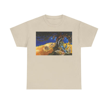 Luxurious Discworld Reaper Man Graphic Unisex Tee featuring an enchanting illustration inspired by Terry Pratchett's work, displayed on a light beige background.