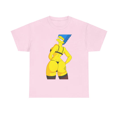Marge Simpson Curvaceous Charm Graphic Unisex Graphic Tee Shirt offered in delicate pink, displaying a whimsical artistic rendering of Marge, combining charm and elegance.