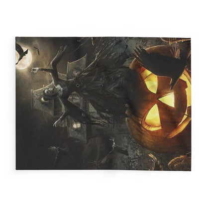 Decorative and Warm Halloween Spooky Arctic Fleece Blanket illustrating a captivating scene with a ghostly character above a brightly lit pumpkin, framed by an atmospheric Halloween setting.