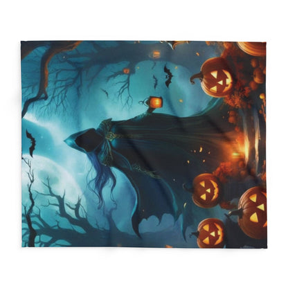 Close-up of the Decorative and Warm Halloween Spooky Arctic Fleece Blanket, highlighting the stunning artwork of a spectral figure and glowing pumpkins against a mystical backdrop, perfect for adding a touch of luxury to Halloween celebrations.
