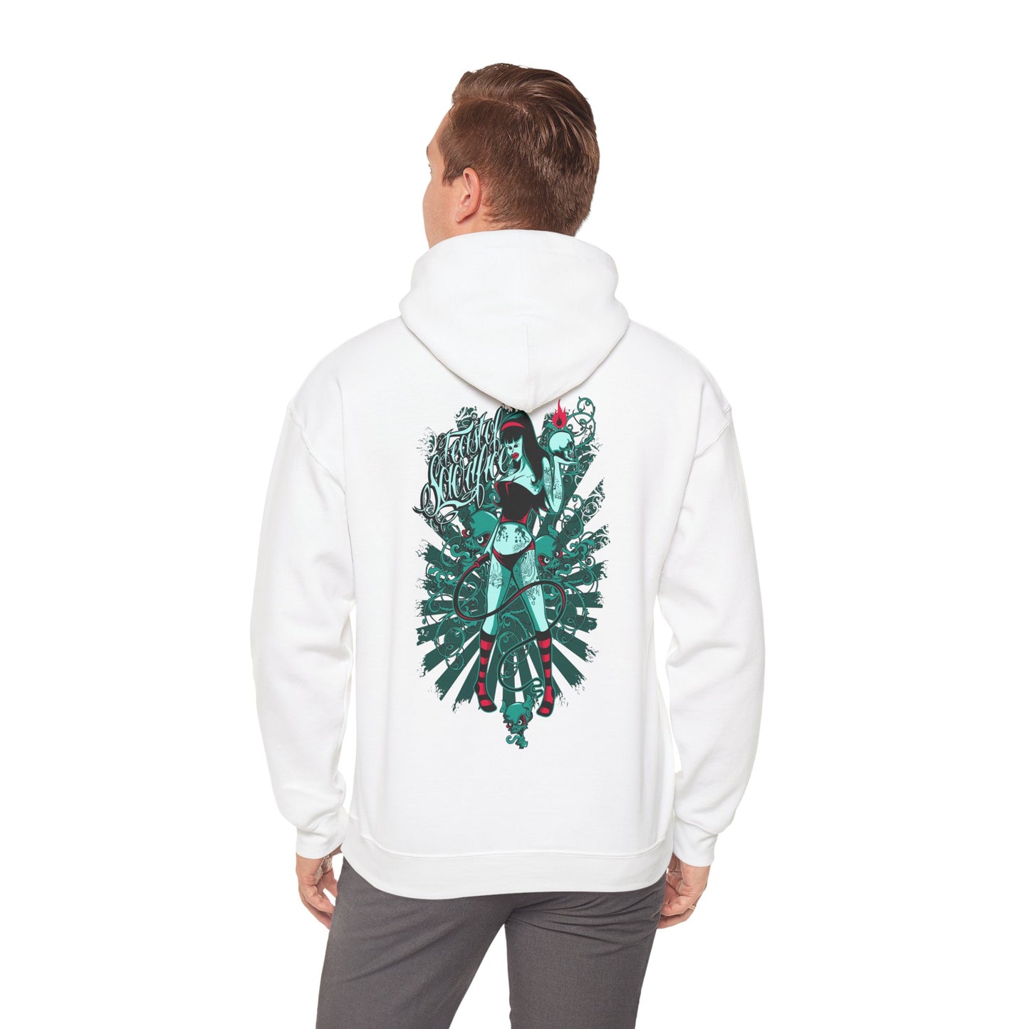 Elegant white hoodie displayed on a model, showcasing a vibrant snake and woman graphic on the back for a bold statement.