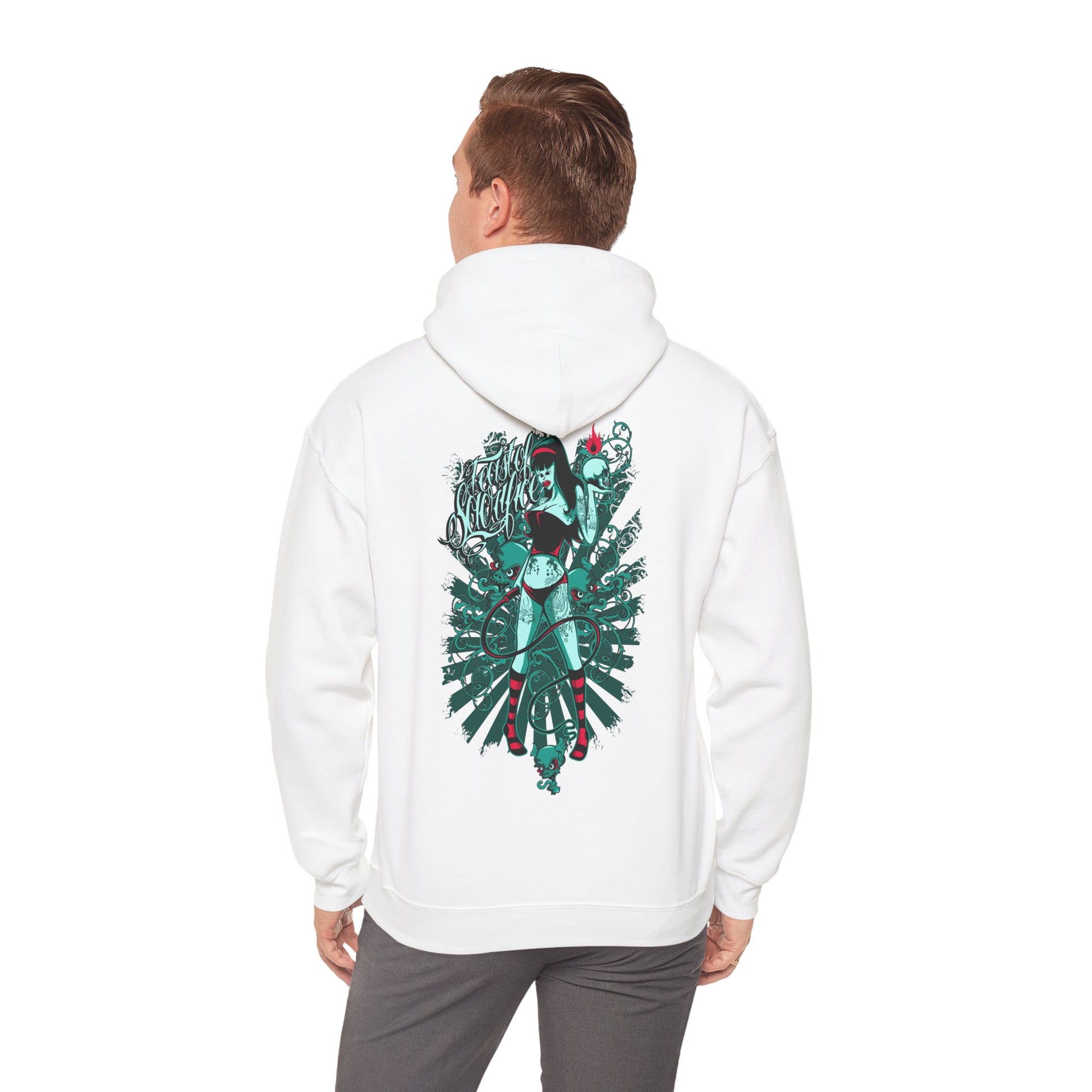 Elegant white hoodie displayed on a model, showcasing a vibrant snake and woman graphic on the back for a bold statement.