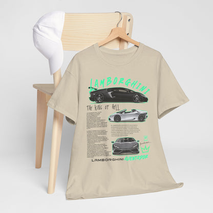 Lamborghini Aventador T-Shirt artfully draped over a wooden chair, showcasing stunning car graphics and eye-catching text, perfect for motorsport fans.
