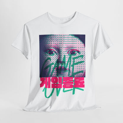 Luxury unisex cotton t-shirt featuring a vibrant graphic design with the text 'GAME OVER' and the Korean characters '게임종료', inspired by the popular Netflix series 'Squid Game'. Perfect for making a bold fashion statement.
