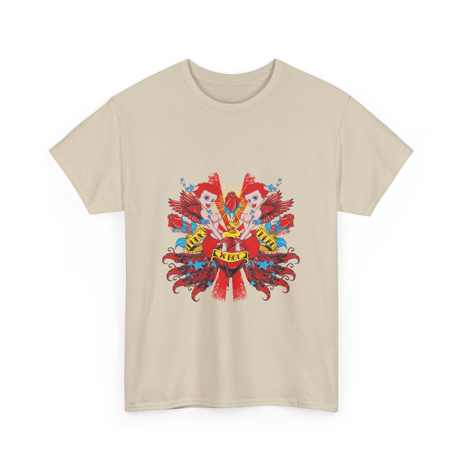 Rebellious Red Angels T-Shirt front view, adorned with vibrant cherub graphics and a heart design, symbolising charm and rebellion.