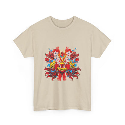 Rebellious Red Angels T-Shirt front view, adorned with vibrant cherub graphics and a heart design, symbolising charm and rebellion.