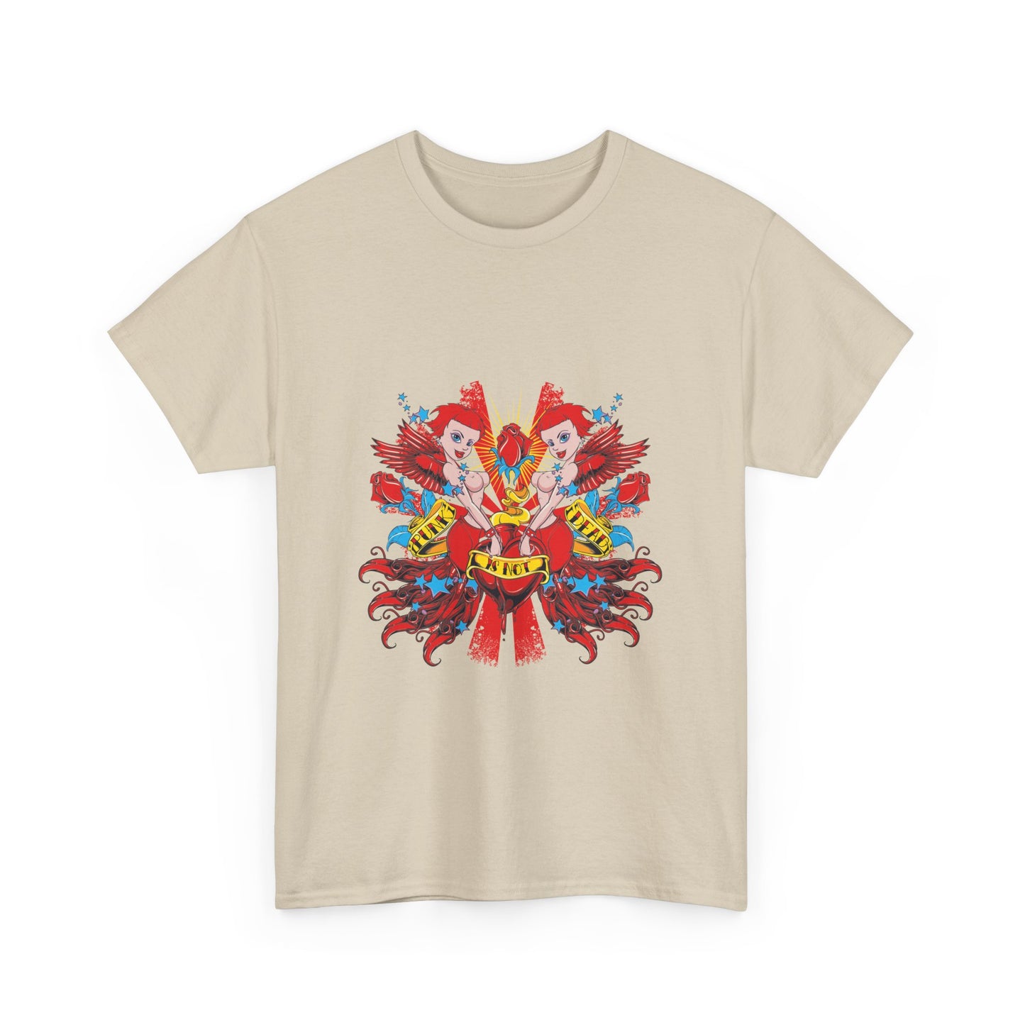 Stylish beige t-shirt adorned with a striking cherub graphic, perfect for those who embrace unique fashion.