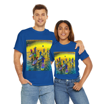 Elegant paddleboarding scene displayed on a high-quality T-shirt from Dazzling Dreams Studio, ideal for water sports enthusiasts and outdoor adventurers.