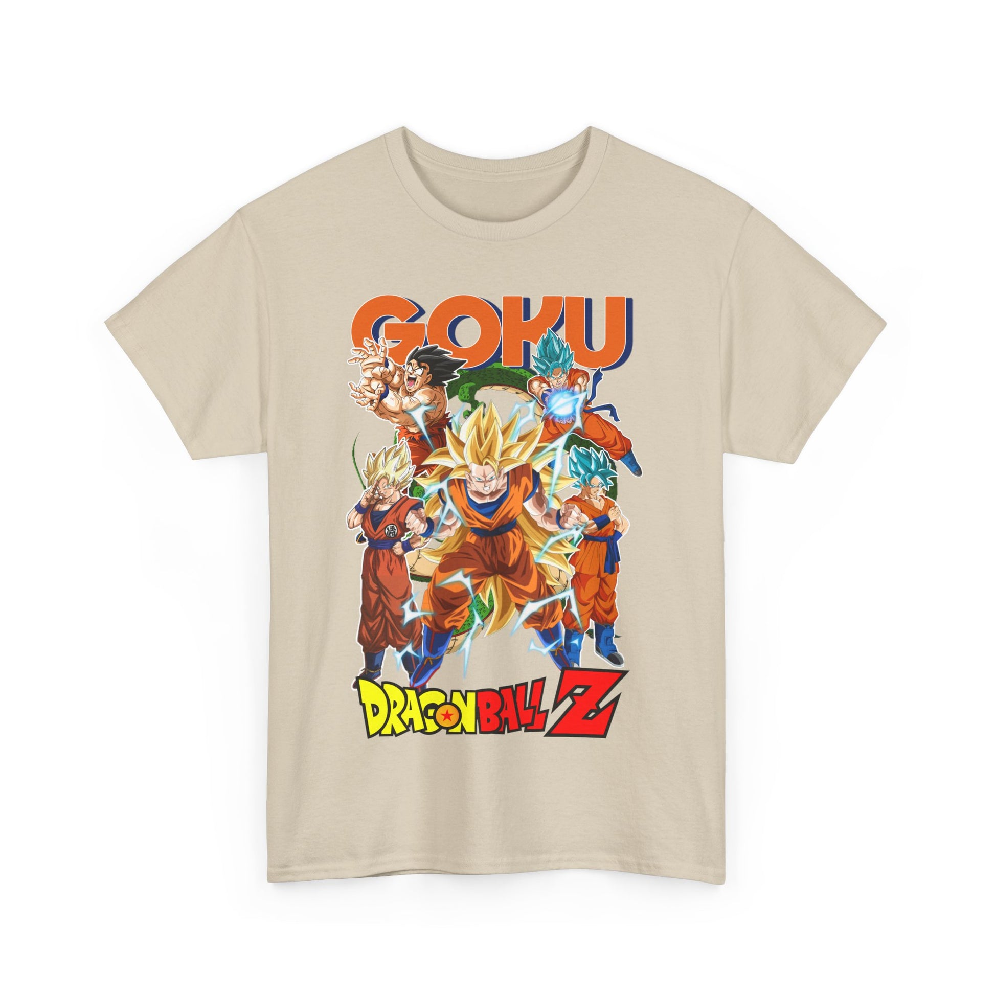 Elegant Goku Power Surge T-shirt displayed in a soft beige, adorned with a dynamic Dragon Ball Z graphic that embodies the spirit of adventure and strength.