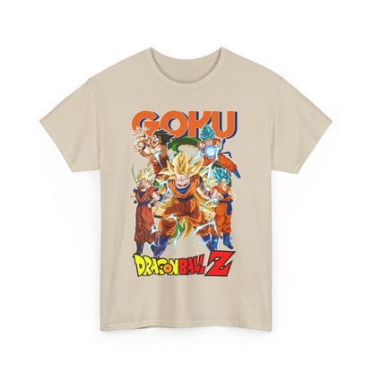 Elegant Goku Power Surge T-shirt displayed in a soft beige, adorned with a dynamic Dragon Ball Z graphic that embodies the spirit of adventure and strength.