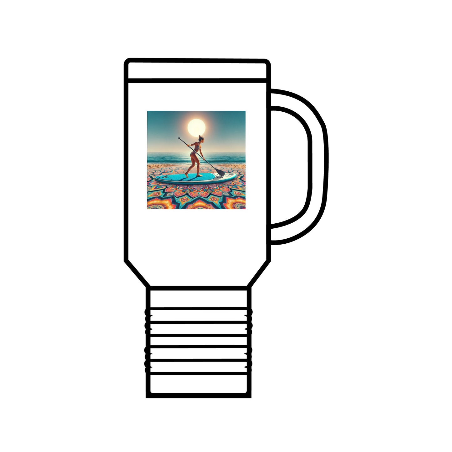 Fantasy Paddleboarding 40oz Insulated Stainless Steel Travel Mug featuring a picturesque scene of a person paddleboarding under the sun, ideal for luxury adventures.