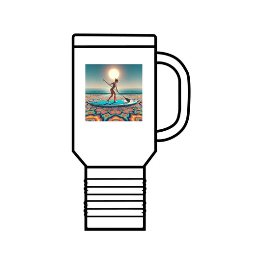 Fantasy Paddleboarding 40oz Insulated Stainless Steel Travel Mug featuring a picturesque scene of a person paddleboarding under the sun, ideal for luxury adventures.