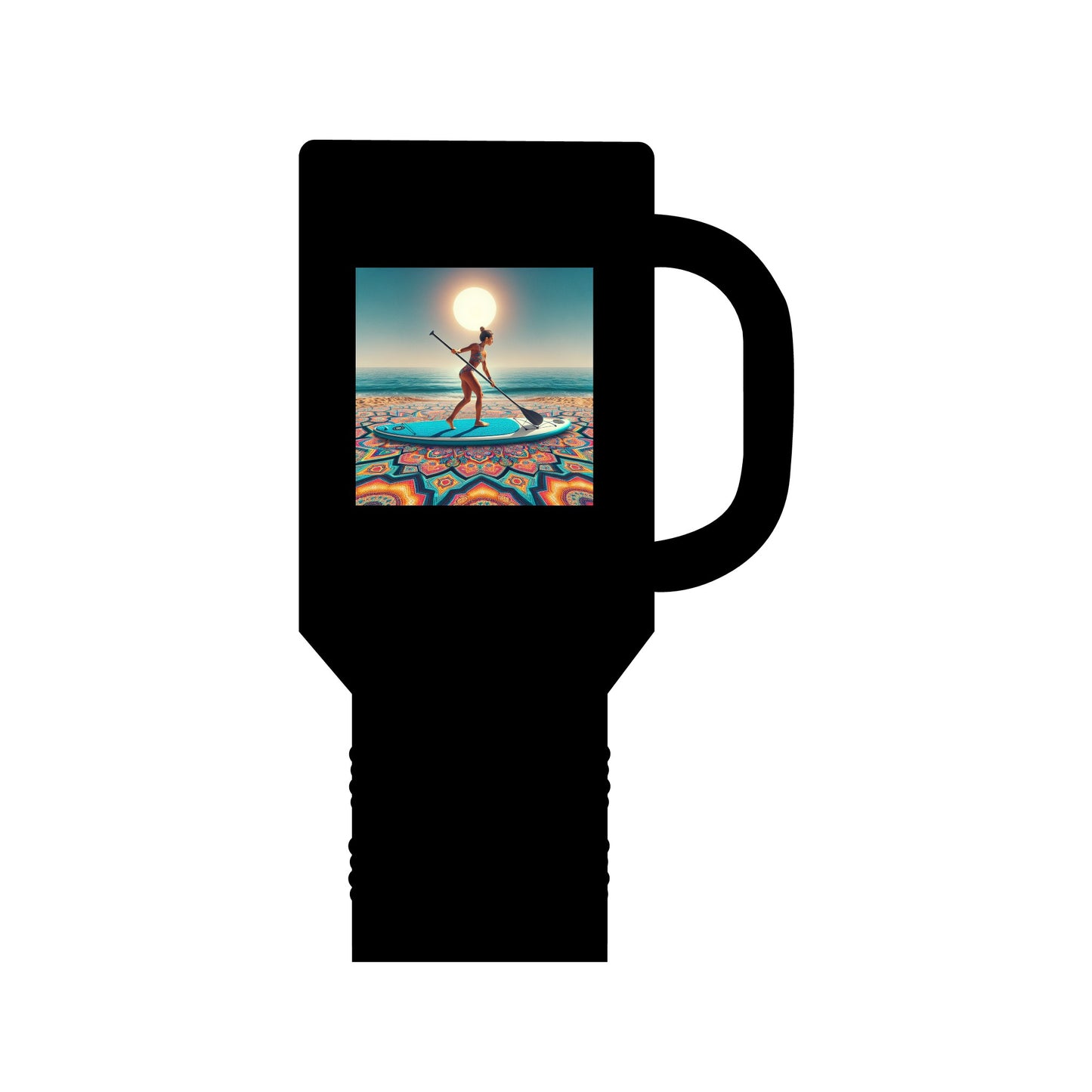 Luxury Fantasy Paddleboarding 40oz Insulated Stainless Steel Travel Mug with an artistic design featuring a paddleboarder against a stunning sunset backdrop.