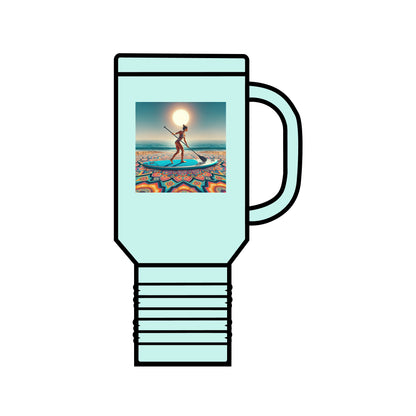 Chic mint green Fantasy Paddleboarding 40oz Insulated Stainless Steel Travel Mug with a captivating paddleboarding illustration, designed for explorers.