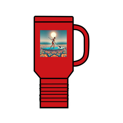 Elegant red Fantasy Paddleboarding 40oz Insulated Stainless Steel Travel Mug showcasing a vibrant paddleboarding scene, perfect for adventure enthusiasts.