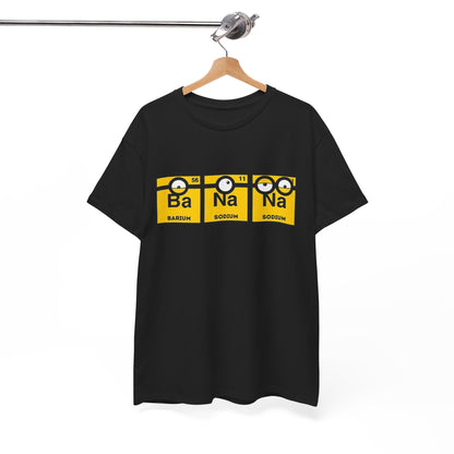 Men's Funny T-Shirt hanging on a display, showcasing the Minions Periodic Table Design featuring Ba, Na, Na elements. This quirky and stylish tee is a fantastic choice for those who love fun, science, and Minions.