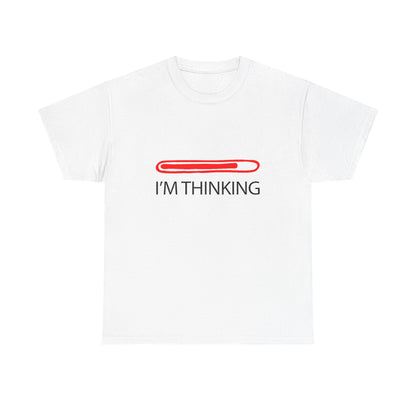 Luxurious white men's t-shirt featuring a creative 'I'M THINKING' design with a striking red progress bar illustration, ideal for stylish, minimalist fashion.