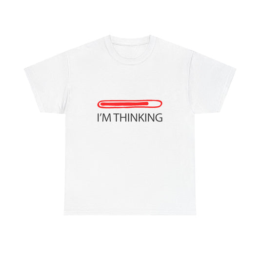 Luxurious white men's t-shirt featuring a creative 'I'M THINKING' design with a striking red progress bar illustration, ideal for stylish, minimalist fashion.